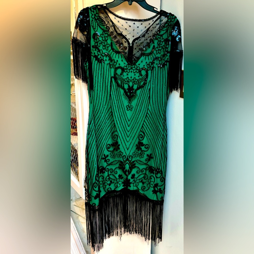 Unique Vintage Emerald Green dress black fringe and tassels Flapper Holidays